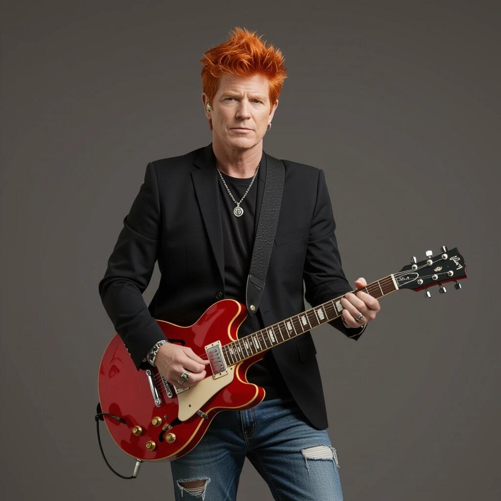 A male rocker with red hair wears a suit jacket and dirty jeans. He holds a red guitar. The background is dark. The pose is rebellious. He stands confidently.