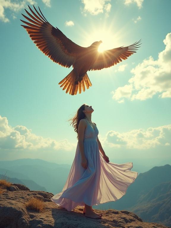 A radiant scene with a woman in a flowing dress standing on a rocky ledge. An eagle hovers above her in a luminous sky filled with soft blue tones and white clouds. The landscape features distant mountains and shimmering hills in green shades. Earthy textures surround her feet. The light creates a warm, glowing effect throughout the image.