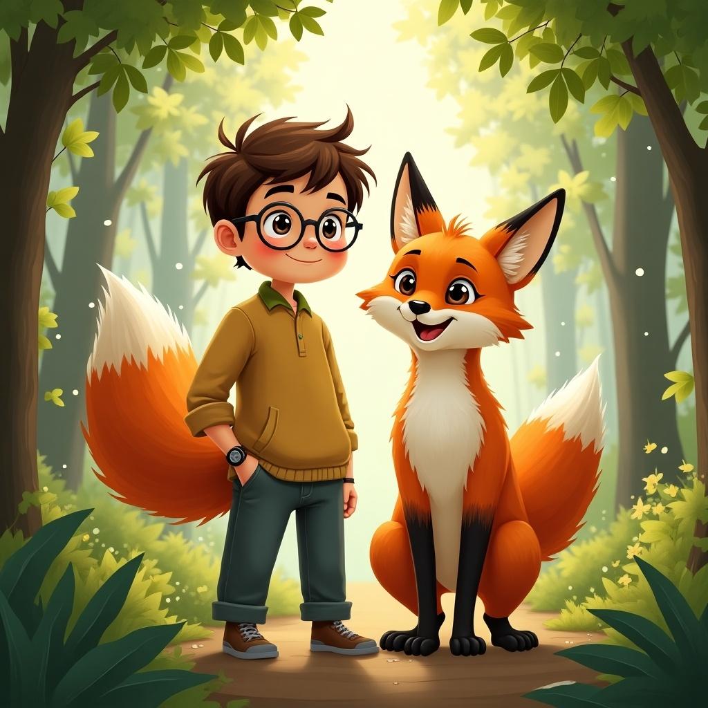 Imaginative scene with a human boy and an anthropomorphic fox in a lush forest. Boy with brown hair and glasses stands next to vibrant orange fox. Soft sunlight illuminates scene, emphasizing the friendship theme in a colorful, whimsical style.