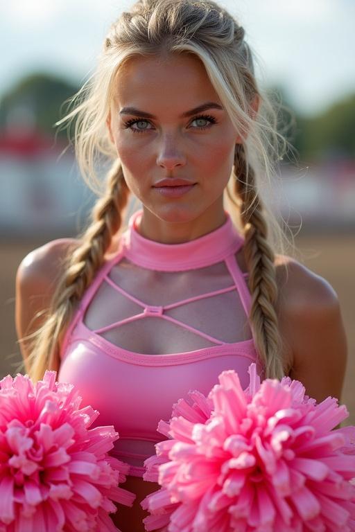Attractive woman with long blonde hair in two side ponytails. She has blue eyes. Dressed in pink transparent latex cheerleader uniform. Holding pom poms. Cheering at a rodeo.