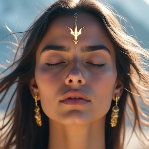 Close-up portrait of Shailaputri with glowing moon symbol on forehead. Eyes closed in meditation. Soft light over face. Gentle mountain winds ruffle hair. Golden earrings and trident edge in frame. Pastel pink and white color palette. Cinematic shadow play. Vertical orientation.