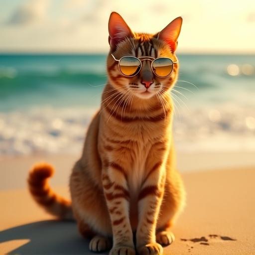 Ultra-realistic photograph of a ginger tabby cat wearing aviator sunglasses. The cat stands on beach sand. Background shows ocean waves and sunset light. Cat's fur glows with sunlight. Posture is still and elegant. Cat gazes at the waves with intensity.