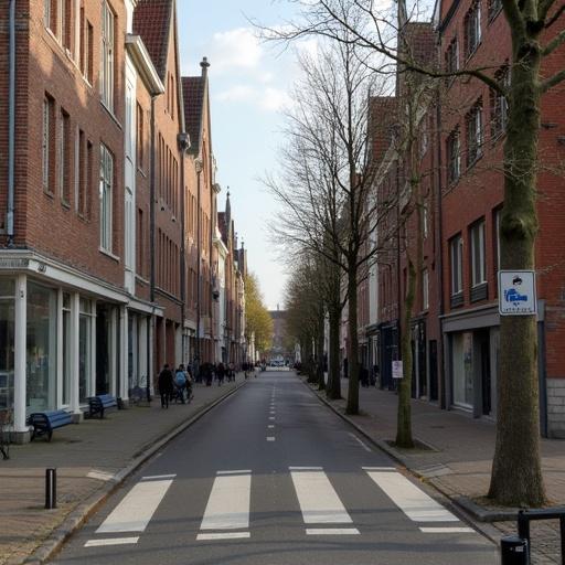 A tranquil street view in Hannover Linden lined with red brick buildings. Trees along the roadside. People walking and enjoying the sunny day. Clear skies overhead.