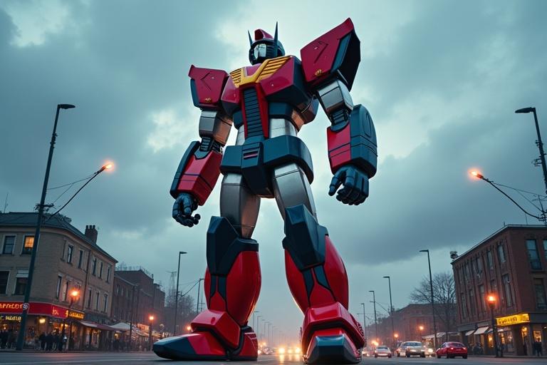 Cinematic image of a 250 ft tall giant metallic robot. Robot features red, blue, yellow and dark silver colors. Surrounded by urban scenery with traffic and people. Dark cloudy sky creates dramatic atmosphere. Metallic pieces combine to form a sleek design. Includes energy ribbons and intricate details.