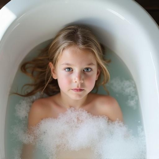 A 7-year-old girl is lying on her back bathing in the tub looking straight at the camera. Captures a peaceful moment with bubbles in the water. The girl has long hair flowing to the side. The bathtub is white with a clean and minimalistic design. Natural light brightens the setting.