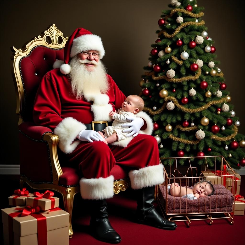 Santa Claus seated on a throne beside decorated Christmas tree. Gifts are surrounding him. An infant is sleeping in a crib nearby.