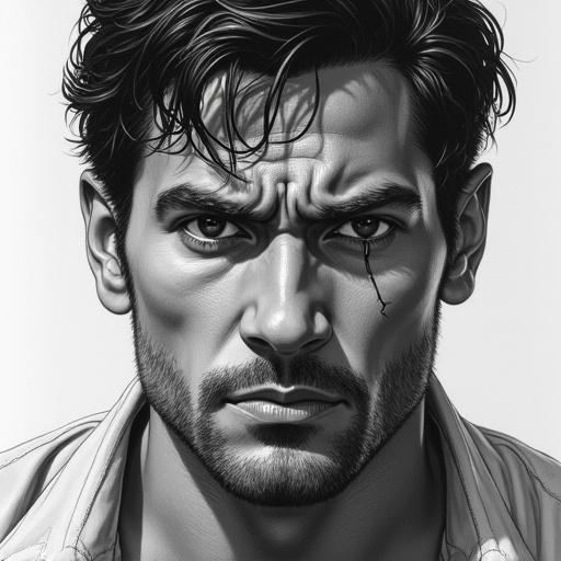 Highly detailed hyper-realistic pencil sketch of Krish mid-30s clean-shaven defined jawline thick black hair disheveled dark brown eyes athletic build shown in extreme close-up. Intense eyes furrowed brow sweat-lined temple in front of a corridor looking around taking deep breath. Expression shows exhaustion and resolve. Composition with rules of third camera angle extreme close-up highlights raw emotion and tension conveying inner struggle and determination. Lighting chiaroscuro dramatic shadows texture smooth blended shading ultra-fine pencil detail monochrome high contrast true black-and-white aesthetic sharp detailed ultra-high-resolution finely shaded no anime or cartoon-like features.