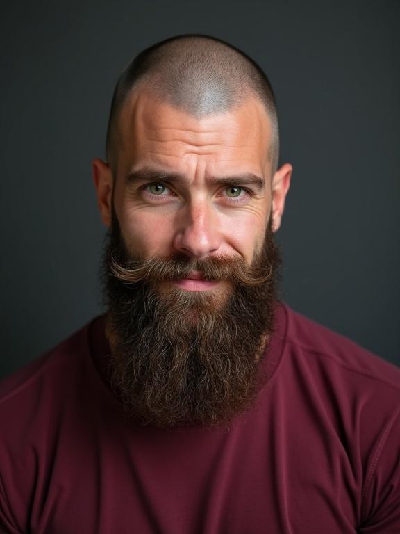 Portrait features a handsome man with green eyes and a long beard. He has a shaved head and a muscular build. The man is wearing a maroon t-shirt and displays a shy smile.