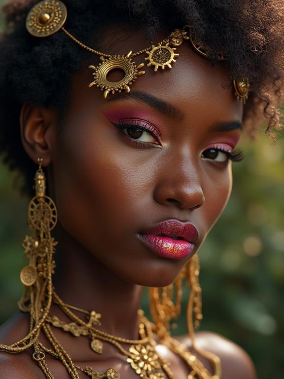 High-quality portrait showcasing a woman adorned with intricate gold jewelry and vibrant makeup. The jewelry features gilded cogs and reflects warm light. The makeup includes colorful glitters and a metallic cerise gloss. The outfit enhances her curves attractively. Rich textures and exquisite details are captured sharply and photorealistically.