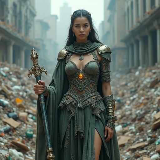 A strikingly beautiful fantasy woman stands amidst a ruined modern city. She is surrounded by piles of real-world trash such as plastic bottles and broken electronics. Her attire is armor and robes made from recycled materials like PET plastic and metal scraps. Glowing LED fragments are part of her outfit, and she holds a magical staff forged from e-waste. Her face is ultra-realistic, with expressive eyes and a sense of mystery. The scene is lit with a cinematic feel, surrounded by a soft haze.