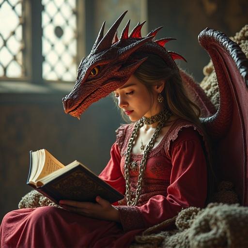 A fantasy scene with a female dragon relaxing in a lair. The dragon is reading a book. Human servant girls in chains serve her. The atmosphere is cozy and magical with rich details.