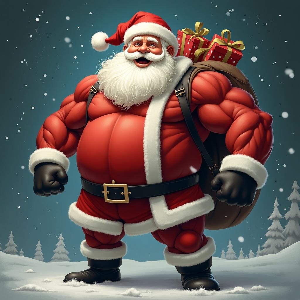 A depiction of a muscular Santa Claus in a red suit. He has strong arms and showcases his strength while maintaining a jolly expression. Background reflects a festive theme.