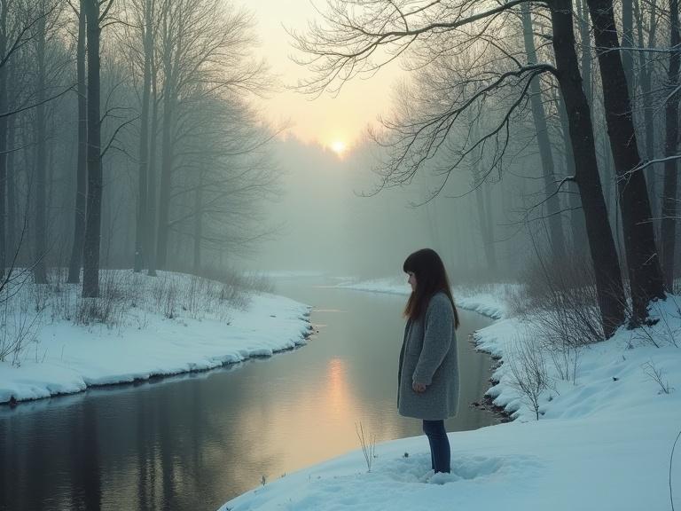 A misty East Prussian winter forest at dawn with a frozen river in the foreground. A young girl stands by the river, half-buried in snow, with pale light filtering through bare trees creating a melancholic atmosphere.