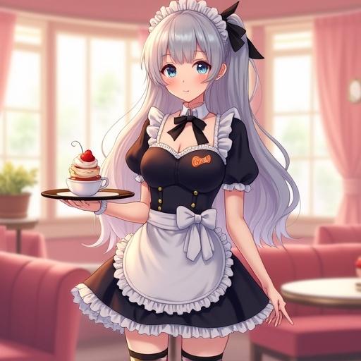 A full-body portrait of a woman with silver hair in a side ponytail wearing a modern maid café uniform. Black and white frilled dress, white apron with bow, black thigh-high stockings. In a cheerful café interior with pink tones, holding a tray with a heart-shaped parfait and cup of tea. Soft lighting creates a cozy atmosphere and highlights her features.