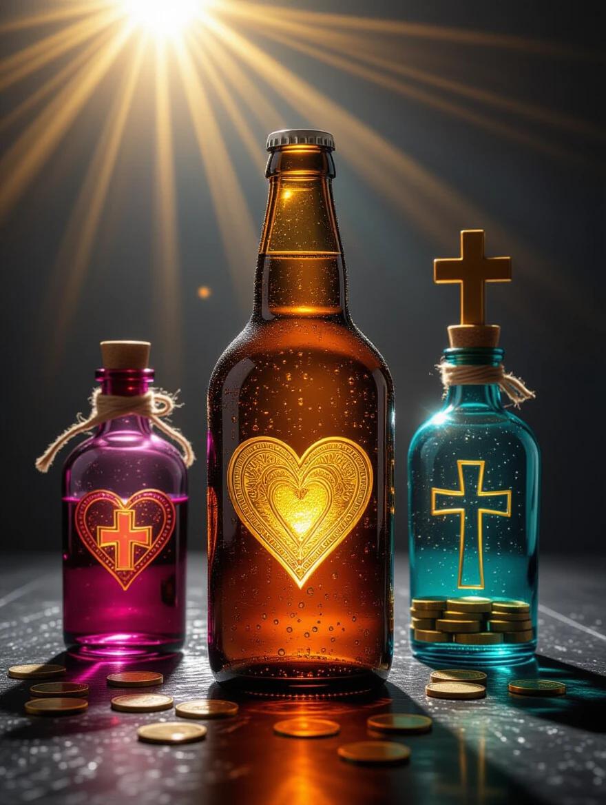 Bottles contain a heart a coin a cross in vibrant colors. Dark eerie background enhances the scene. Light halo shines on the bottles. Highly realistic detailed presentation in 4K resolution.