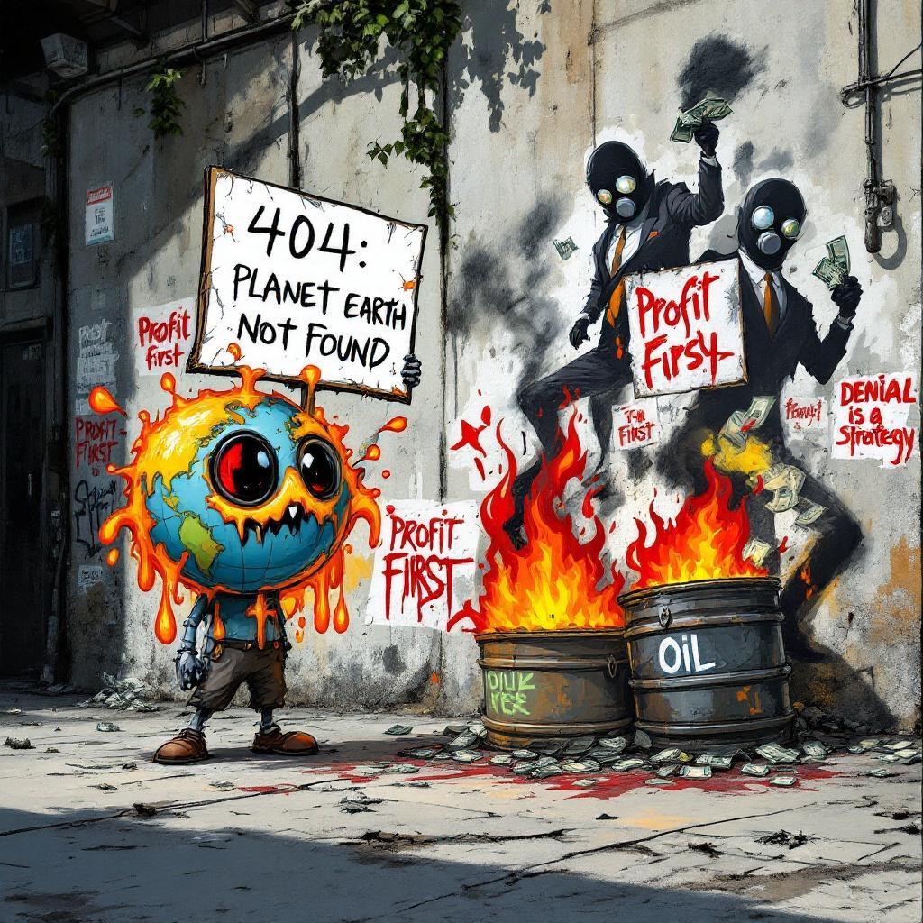 Urban wasteland scene featuring graffiti style. Cartoon character with melting globe. Character with sign '404: Planet Earth Not Found'. Business people in gas masks throwing money into burning oil barrel. Wall with tags like 'Profit First' and 'Denial is a Strategy'. Harsh shadows and rough strokes visible.