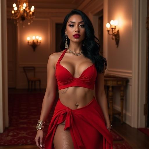 Woman in a red outfit with a sensual pose stands in a luxurious corridor with warm lighting. Focus on elegance and beauty.
