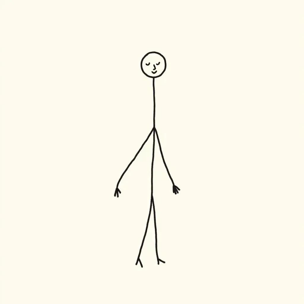 This image features a simple, minimalist stickman doodle character designed for Instagram mental health posts. The stickman has a calm expression, conveying positivity and contentment. It stands upright with arms relaxed at its sides, symbolizing emotional resilience and self-care. The background is a neutral tone, allowing the character to stand out. This design is perfect for promoting mental health awareness and encourages a positive outlook.