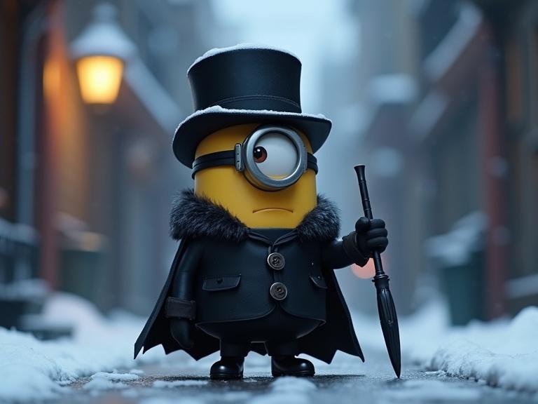 A short and round minion as The Penguin with monocle on one eye wearing a top hat and a black coat with a fur collar. The minion holds an umbrella weapon. The scene is set in a snowy Gotham alley.