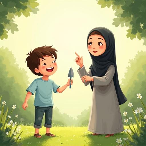 Scene of a joyful young boy holding a trowel and his mother pointing in a sunny garden. Both characters have blank featureless faces. The mother wears a hijab and abaya. The setting has green grass and small flowers. Soft sunlight fills the environment. Clear space for Arabic text.