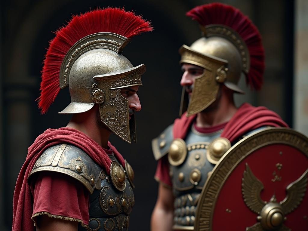 Two Roman soldiers in detailed armor and helmets stand in deep conversation.