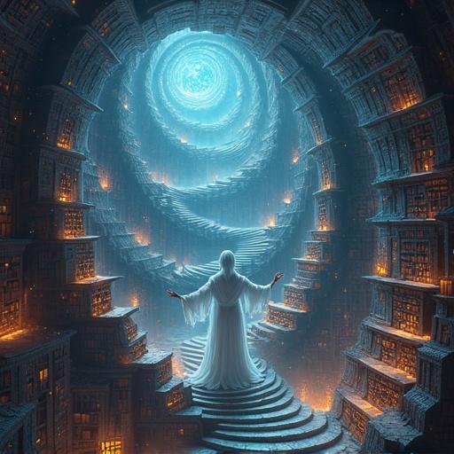 Digital artwork illustrating a cosmic library with elements of temporal collapse and impossible architecture. Staircases fold into themselves. Crystalline bookshelves spiral upward. Bioluminescent equations float in light. An ethereal librarian stands at the center with arms outstretched. Scene illuminated by a miniature supernova. Books and scrolls hover with turning pages.