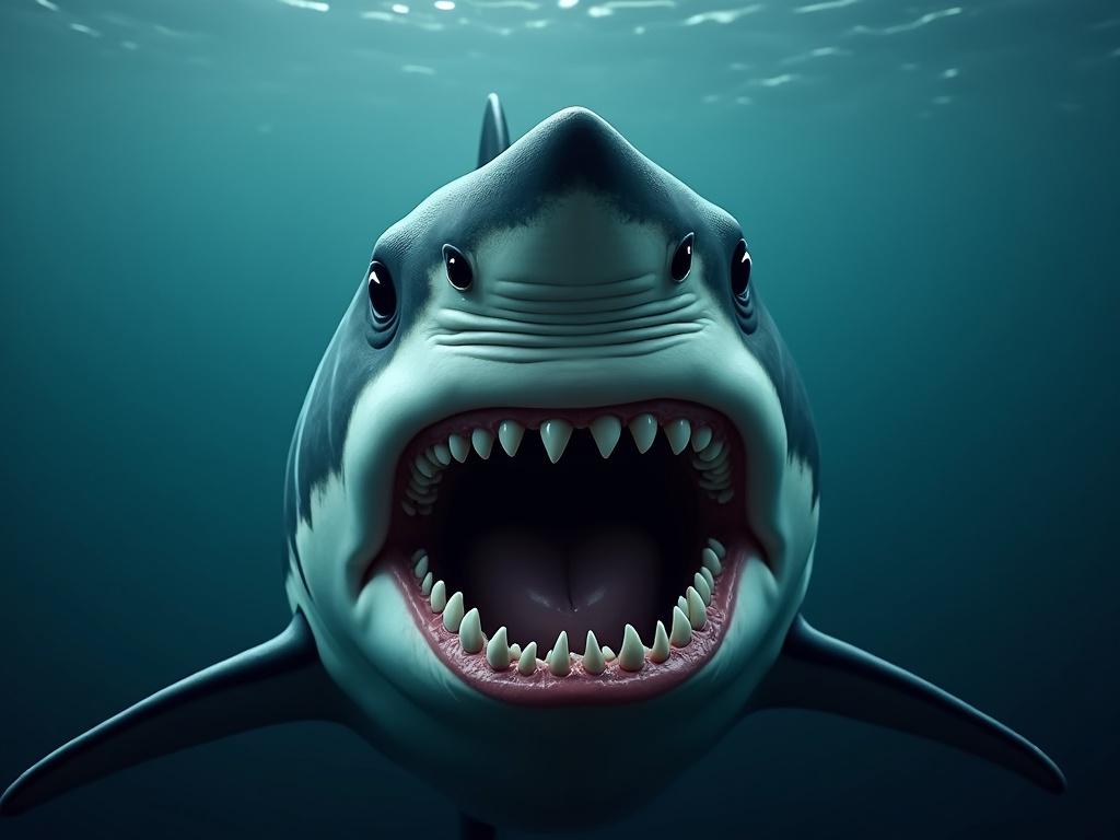 Ultra realistic image showing a close-up shot of a shark's mouth under water.