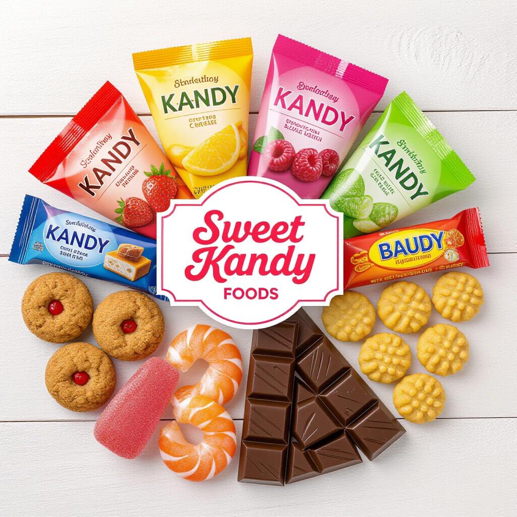 Colorful array of candies and snacks from Sweet Kandy Foods arranged around the logo. Packages displayed with various shapes and sizes. The image features sweet treats.