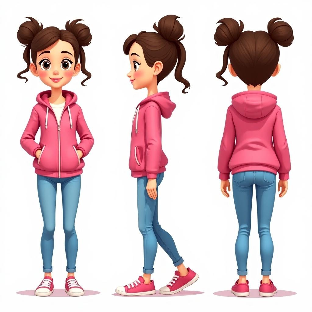 Cartoon character depiction of a girl in a pink jacket. Shown from front, side, and back angles. Casual outfit includes light blue jeans and sneakers. Designed to aid artists in drawing from different perspectives. Friendly and approachable appearance suitable for animation.