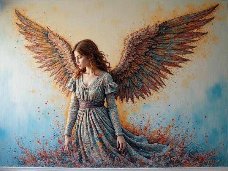 A gigantic collage on a house wall made from plastic waste on a structure of Dadaism airbrush depicting an angel in pastel colors. Hyperrealistic splash art. Mid shot showing intricately detailed features and color depth with dramatic expression.