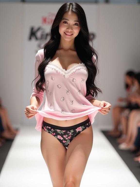 A young woman with long black hair walking on a white runway. She smiles at the camera while lifting her pink pajamas slightly. Her outfit features cherries pattern and floral black panties. A Kira Shop sign is in the background.