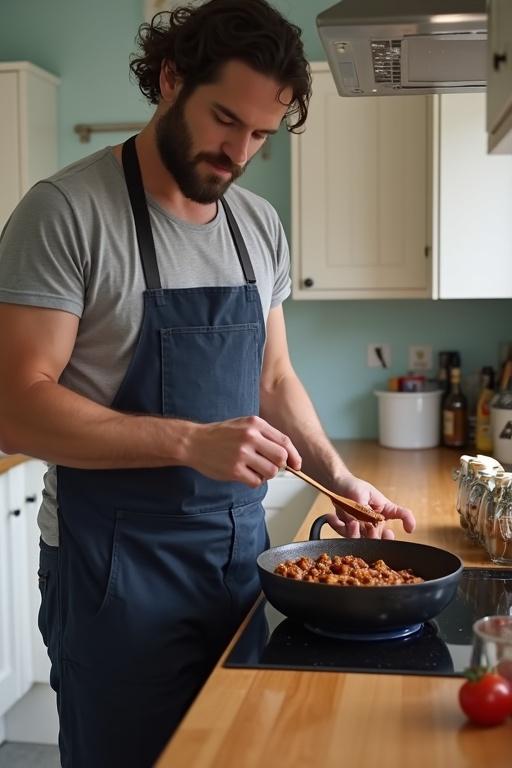 A man is cooking a chilli con carne in a kitchen. He is tasting it with a wooden spoon. The stove is black. There are white cupboards. The floor is light grey.