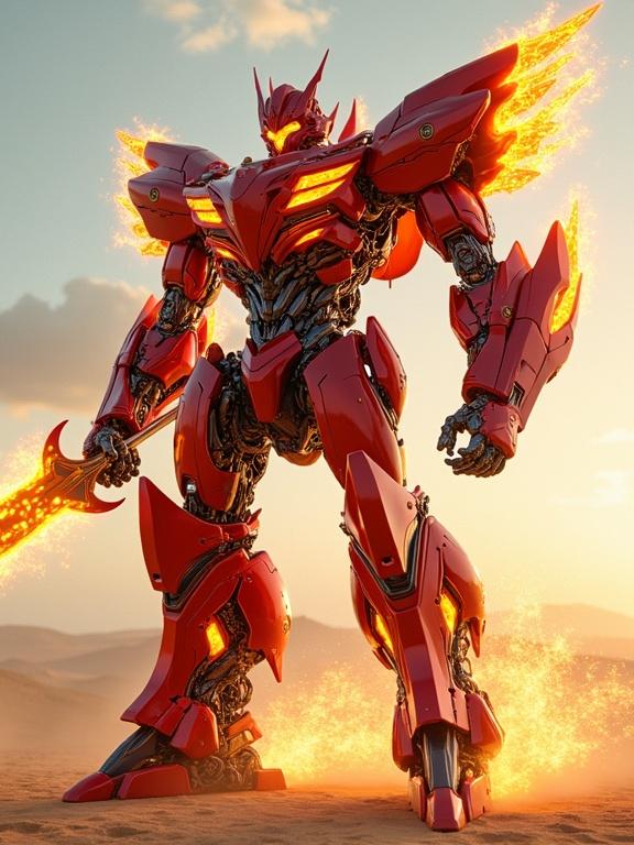 Illustration of a striking transformer-style robot in a dynamic pose. Robot has metallic crimson armor. Flames in yellow-orange patterns flow throughout. Veins of glowing plasma highlight mechanical joints. Wields a futuristic Guandao with an energy blade emitting a fiery aura. Ultra-detailed mechanical parts feature piston hydraulics. Set against a desert background. Scene captures photorealistic details with soft shadows and natural lighting.