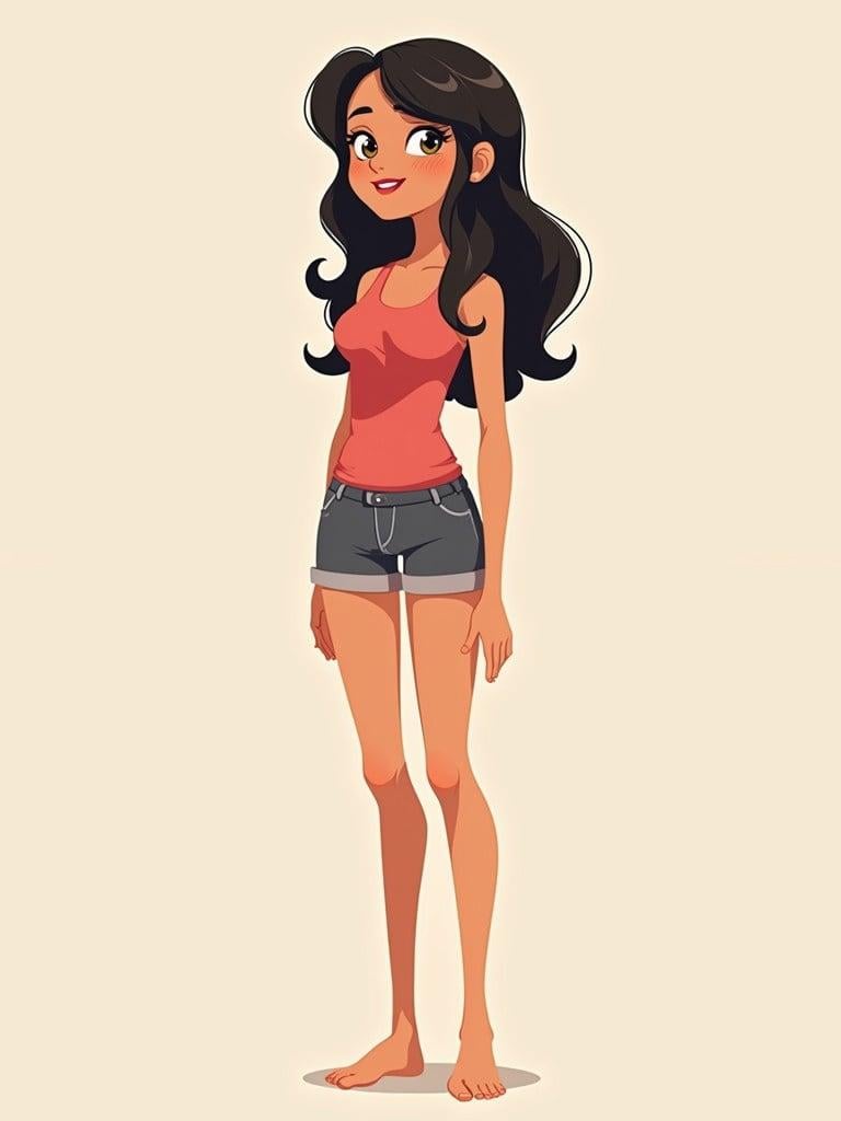 Illustration of a girl body. Cartoonic style. The girl wears a red tank top and gray shorts. Barefooted with long dark hair. Standing in a relaxed pose. Simple background with plain color.