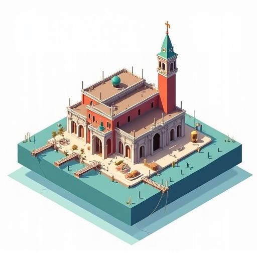 Illustration of a Venetian Galleass in vector style. The design is 2D with solid colors. The building features a clean construction aesthetic and cel shading. There are no shadows or lighting effects, and the artwork is centered with a white background. The overall look is minimalistic with a zoomed-out isometric view.