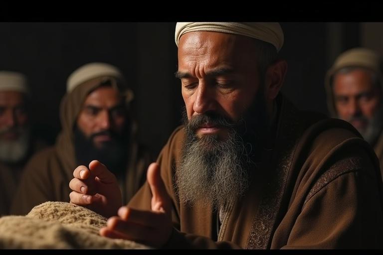 Emotional close-up scene of Hazrat Umar on his deathbed. He speaks softly to his son Abdullah. Weak hands gesture to old prayer cloth. Calm, tearful eyes reflect deep emotion. Dark background shows companions in silent grief.