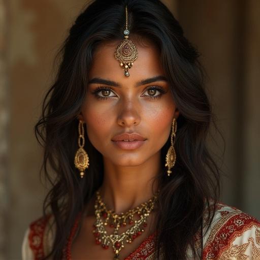 Realistic depiction of Indian girl in traditional attire. Showcase intricate jewelry. Highlight the beauty of Indian culture. Focus on elegant clothing design.