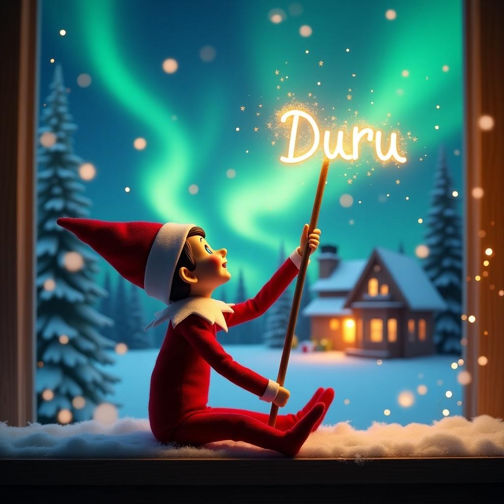 An elf on the shelf sits with its back to the viewer, gazing skyward. It holds a glowing wand that emits sparkling light. The background showcases a charming Christmas scene with colorful northern lights swirling above. In the distance, a cozy house can be seen, decorated for the holidays. Snow covers the ground, adding to the winter atmosphere. The elf is in a playful position, embodying the spirit of magic and wonder associated with Christmas. The name 'Duru' is written in the air using the wand, creating a sense of holiday cheer. The name 'Teagan' is also written in the air using the wand, enhancing the festive feeling.