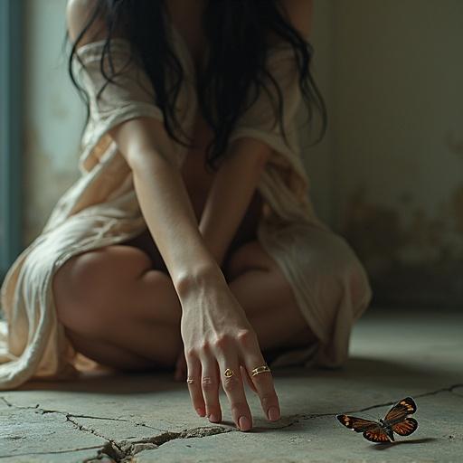 A Korean masseuse kneels in a dusty temple wearing a silk kimono. She has a gold ring on her finger. The atmosphere is filled with warmth and shadows. A moth flutters nearby. The setting features faded murals and cracked stone. The scene is illuminated by lantern light.