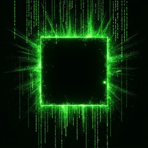 Tattoo design concept featuring a field of Matrix code rain in luminous green ink. Code includes cascading vertical streams of abstract digital glyphs and dots. Central empty square area to symbolize a tattoo space. Green code flows around the space, appearing glitchy near the edges. Focus on fine-line tattoo aesthetic.