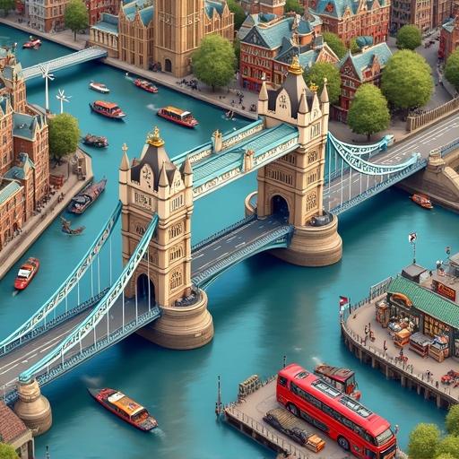 Ultra-dense isometric scene colorful view of Tower Bridge City of London Crisp cartoon lines tiny detailed props raised bascules Tower of London street markets pubs river Thames boats rooftop chimneys satellite dishes scaffolding street lamps bicycles greenhouses