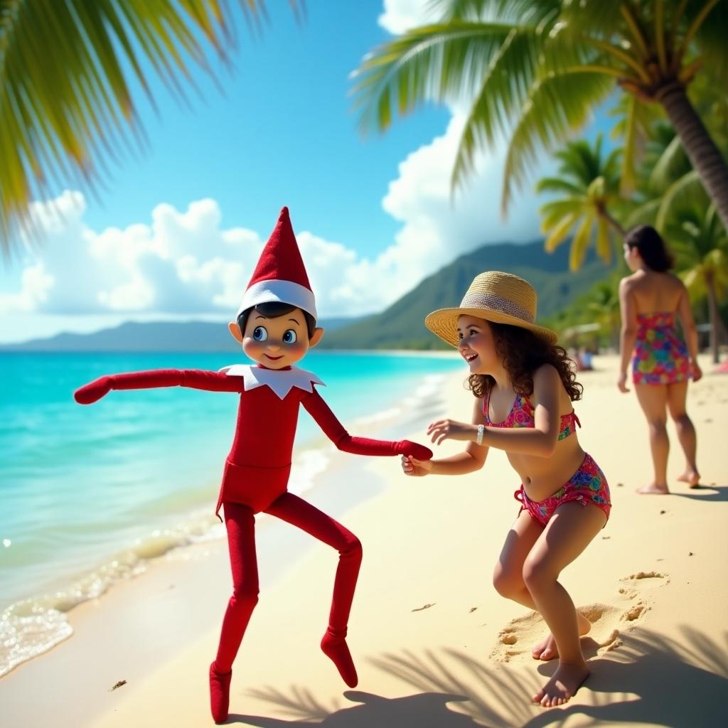 The Elf on the Shelf is enjoying a sunny holiday in Hawaii, dancing playfully on the beach. A young girl in a swimsuit is joyfully interacting with the elf, emphasizing fun and mischief. The scene is set against a backdrop of palm trees and a shimmering ocean. The bright sun enhances the cheerful atmosphere. This whimsical moment captures the spirit of holiday play and family fun on a tropical vacation.