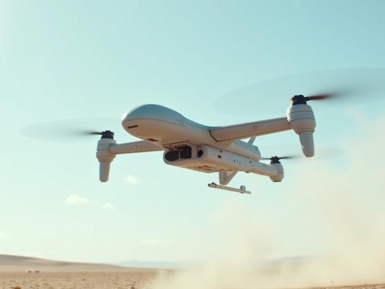 Cinematic small light grey sleek sci fi military hover drone flying in a white desert with a small missile launcher. Dust blowing in the air under a blue sky with clouds. Focus on realism, details, textures.