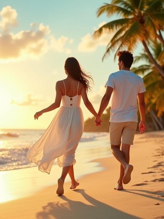 Vibrant scene of a young couple running hand in hand along a sandy beach at sunset. The woman wears a flowing white sundress and the man is in a white short-sleeved shirt with beige shorts. Background features calm ocean waves, a clear sky with soft clouds, and lush green palm trees. The style is vibrant and cinematic, capturing a warm romantic atmosphere in realistic photography.