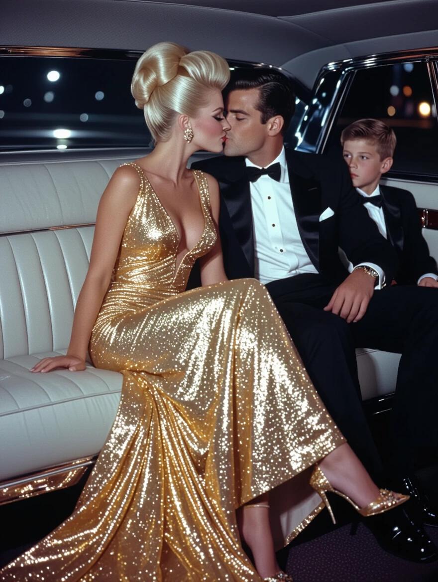 1960s woman with updo platinum blonde hair. Long shiny gold evening gown. Deep cleavage. Nighttime setting. Long legs with high heels. Kissing man. Sitting in back seat of limo. Teen boy in suit next to them.