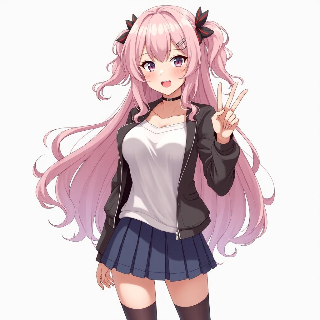 Anime girl in a full-body pose. She has long pink hair. She wears a casual outfit with a jacket and skirt. Gesture is a peace sign.