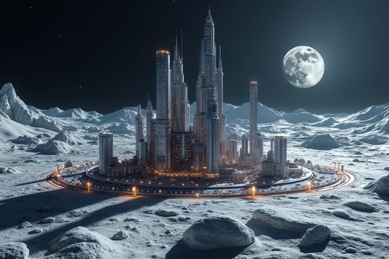Ultra futuristic city located on the moon. Skyscrapers reach high into the night sky. Bright lights illuminate the cityscape. Surface composed of gray rocks and dust. Large moon in the background. Set against a dark starry sky.