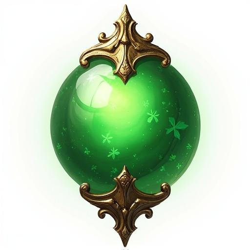 Ornate green orb designed for ARPG style. Represents luck. Iconic imagery. No background. Transparent.