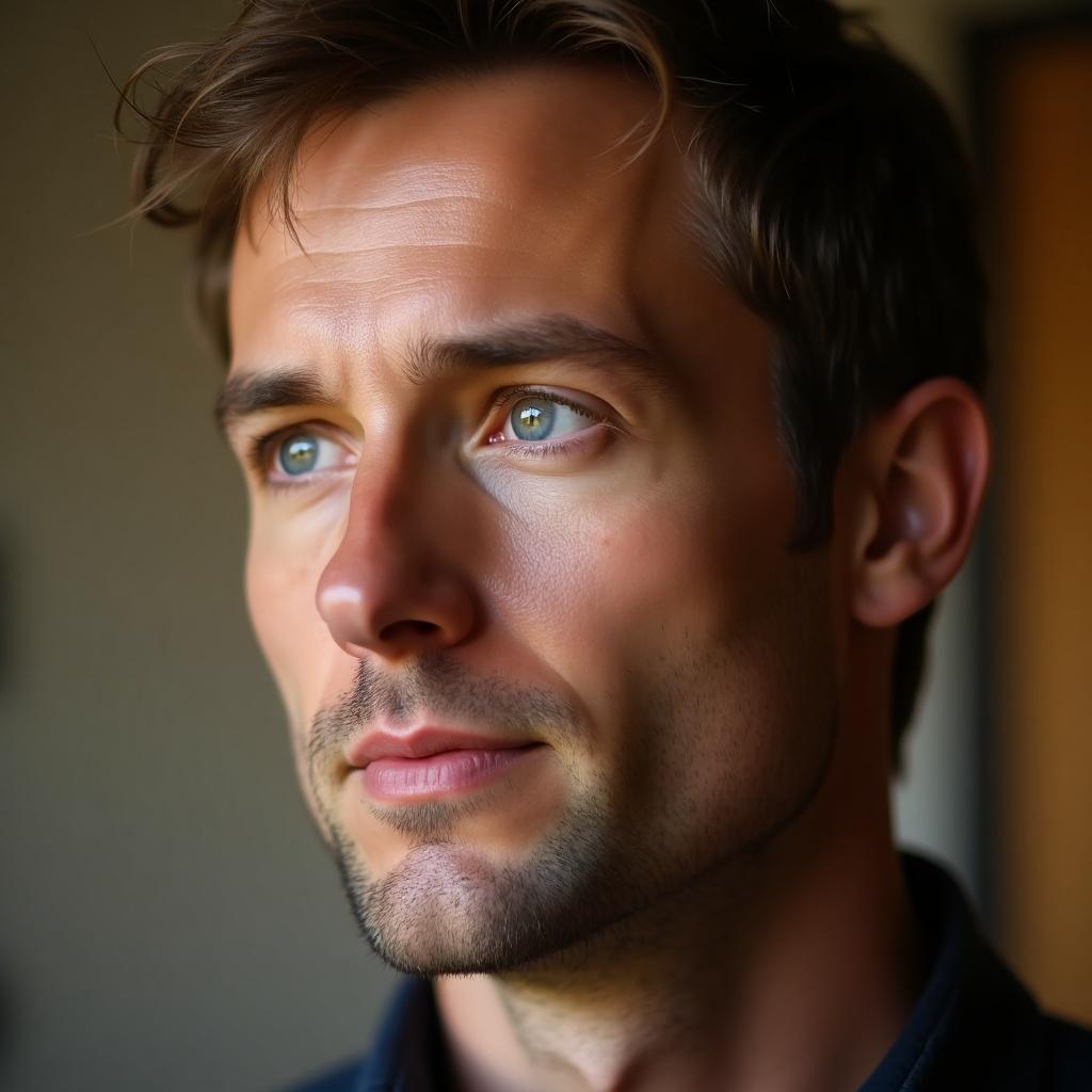 The image features a close-up portrait of a man with short hair. His expression appears neutral as he looks just past the camera. The lighting casts soft shadows on his face, giving a warm tone. The background is simple and unobtrusive, drawing focus to his features. This portrait could be suitable for various styles of content.