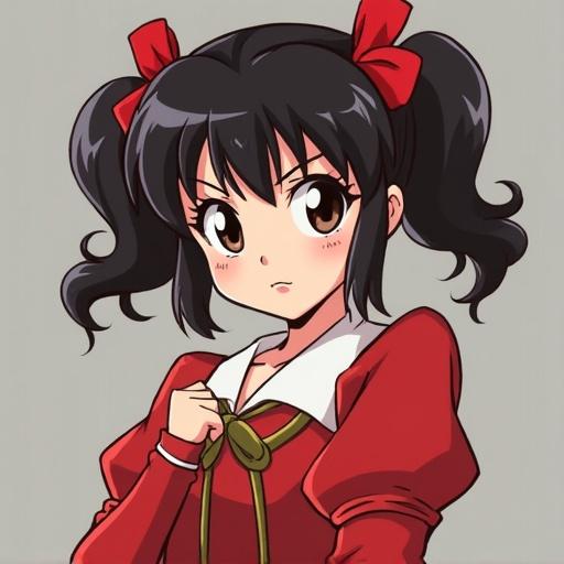 Character named Tendo Kasumi wearing a red outfit with pigtails. She has a thoughtful expression and a bow on each side of her hair.